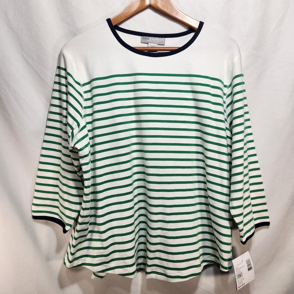 Vintage Sag Harbor Womens Size 1X Top White  / Green Striped 3/4 Sleeves